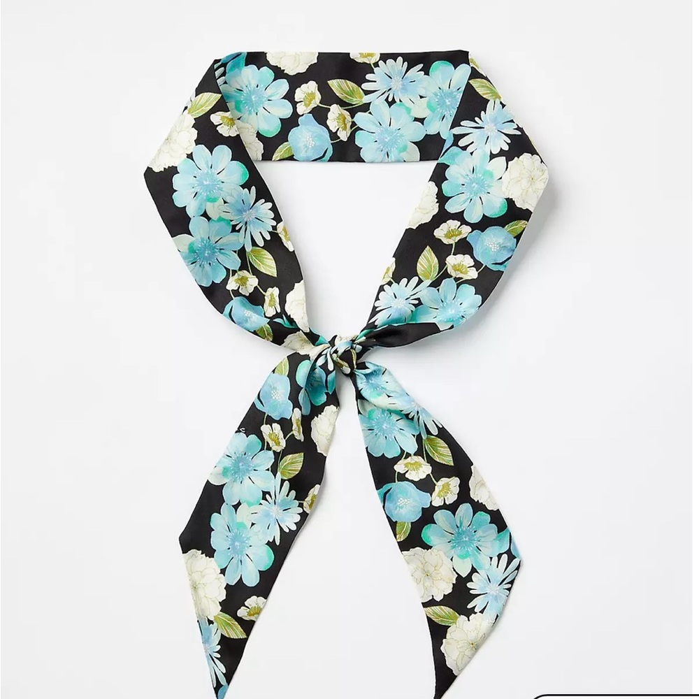100% Silk Floral Black and Blue Women's Scarf
